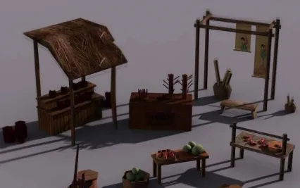 各种古代商贩道具3d模型,卖肉卖字画卖水果等古代各种小商贩的摊位3d模型下载!含贴图!