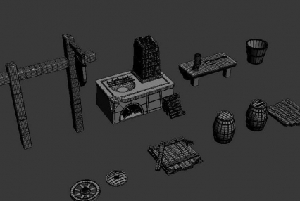 一些木酒桶、铁锅、柴火、炉子、水井、小桌子等农村农家常用小道具3dmax模型下载！