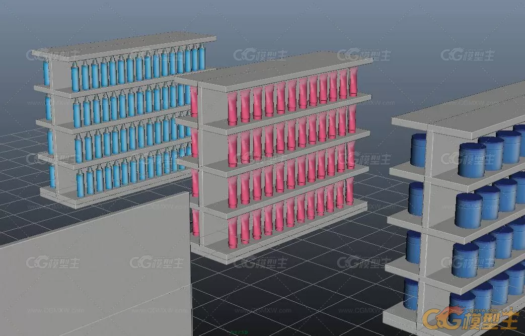 写实洗发水乳液洗面奶面膜护肤套装maya模型下载！超市货柜摆放的洗护用品maya模型 ！-3