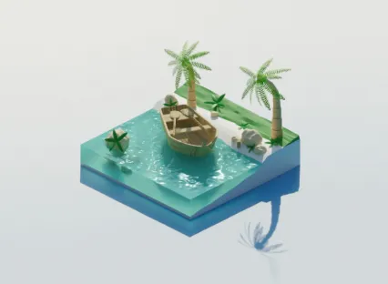 小船，河流，河岸3D场景模型