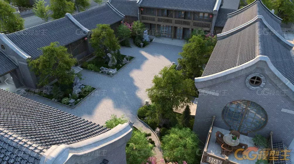 四合院古建筑庭院3d模型下载 3D模型免费下载-1