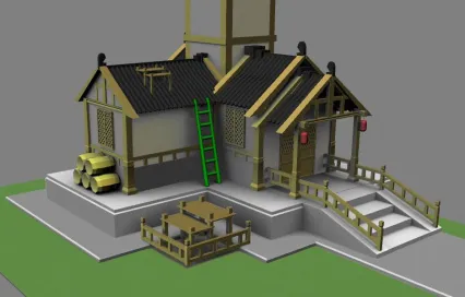 精致古代住宅maya模型下载！L形布局的仿古建筑阁楼小筑平房maya模型下载！
