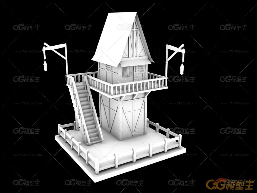 二层古建筑小楼房子渲染白膜maya模型下载！-1