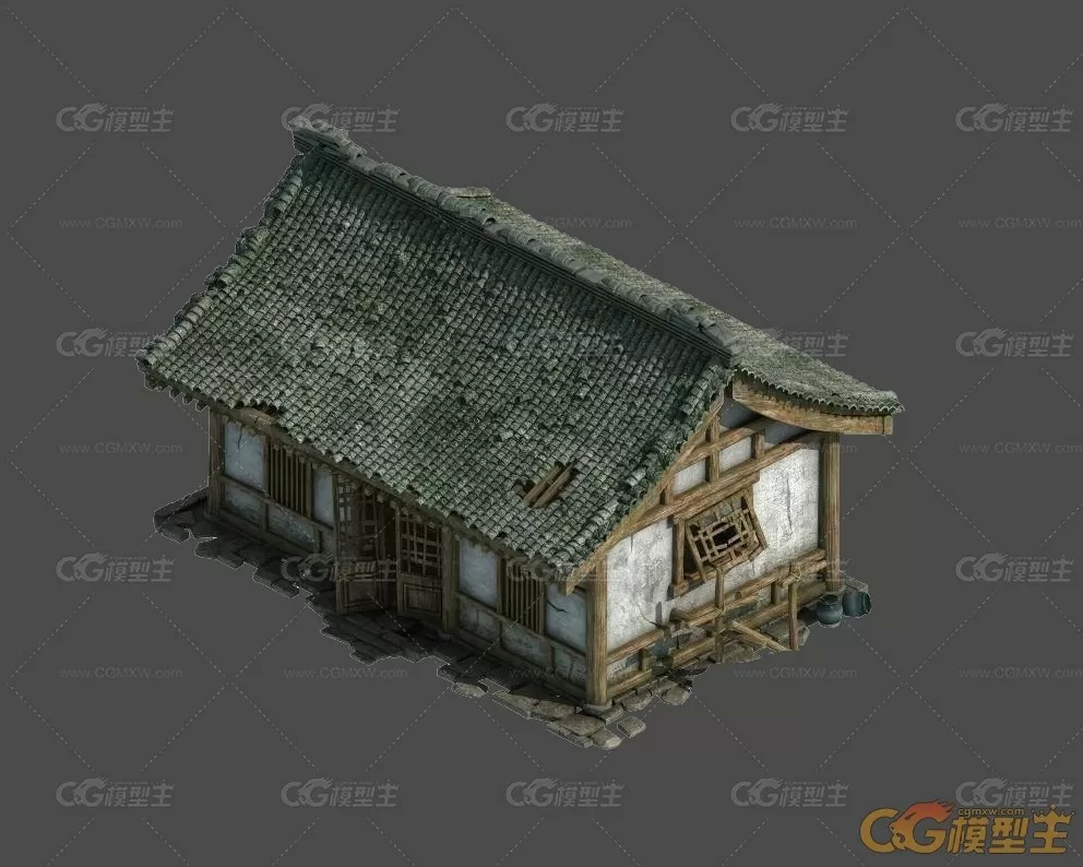 中式破旧江南民居房屋古建3Dmax超精细模型下载 破旧农民房建筑场景模型-1