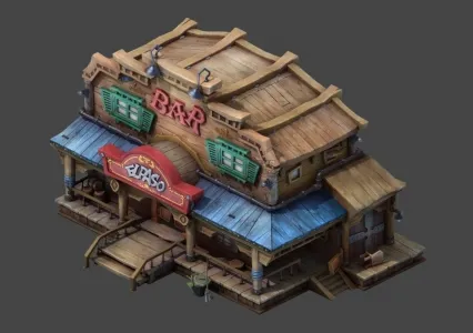 西部牛仔风格Q版酒吧场景房屋建筑3dmax模型下载 西部牛仔小镇木头房子酒吧3d模型