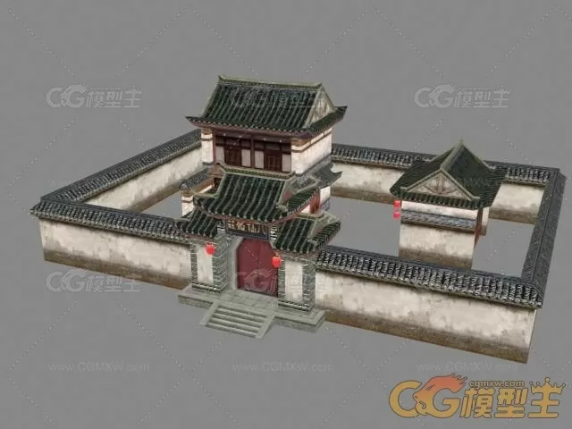 一个古代四合院围墙建筑八仙饭庄古代富豪地主土豪院子建筑3d模型max模型下载！-1