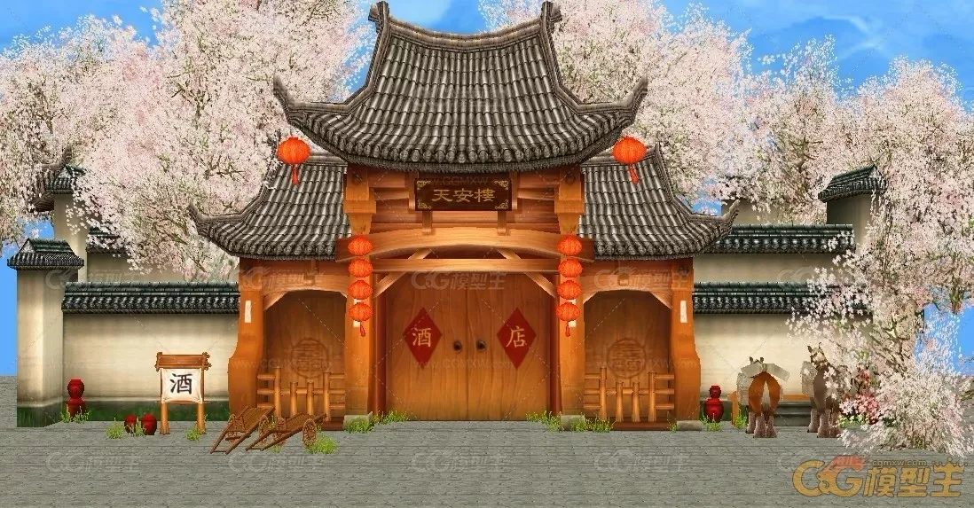 天安楼酒店外景3D游戏模型下载 ,古代豪华酒楼会所场景建筑3dmax游戏模型下载。-1