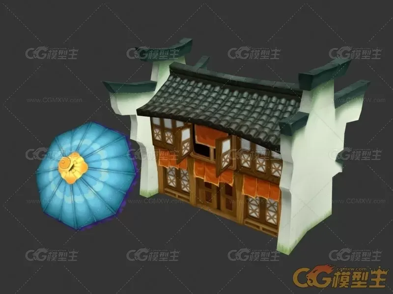 手绘古代小镇房子建筑场景max模型下载！很漂亮的南方水乡建筑房子和雨伞3d模型 ！-1