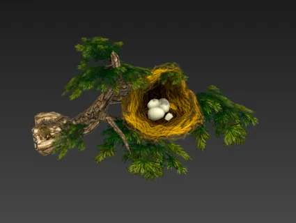 松树枝叶上的鸟窝和鸟蛋3d模型下载！