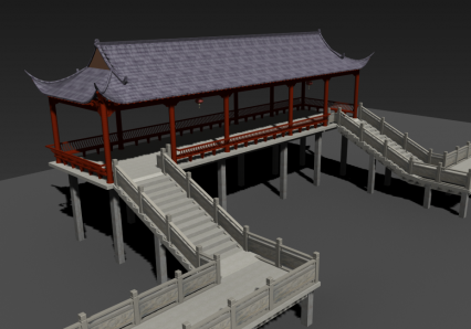 游戏建筑古带亭子凉亭栈桥建筑3dmax模型下载！含贴图！