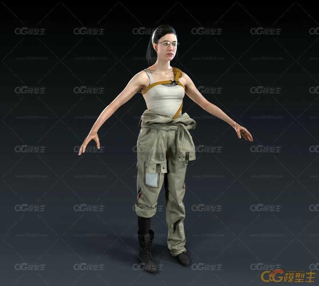 戴眼镜扎马尾辫穿工作服的3D游戏女角色模型-1