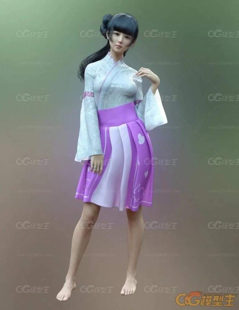 DAZ中国风美女角色3D模型 仙侠旗袍人物女孩体型服装头发 CG素材-3