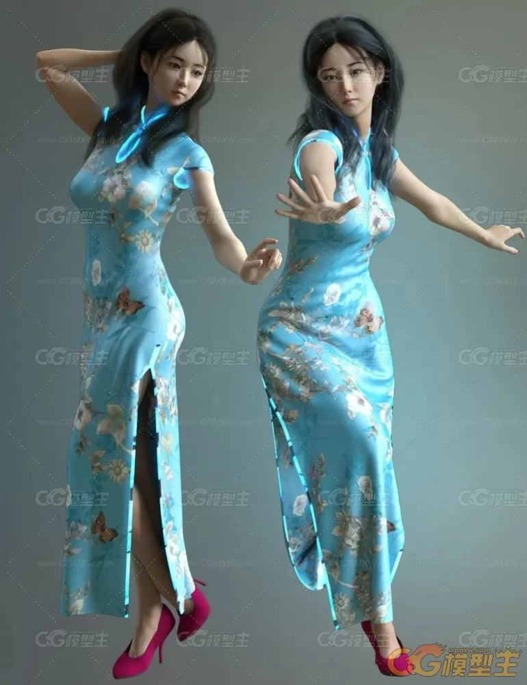 DAZ中国风美女角色3D模型 仙侠旗袍人物女孩体型服装头发 CG素材-5