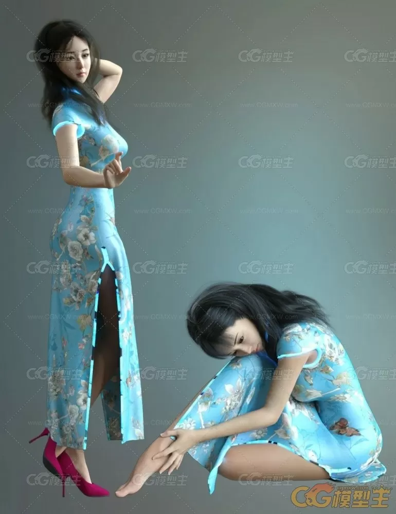 DAZ中国风美女角色3D模型 仙侠旗袍人物女孩体型服装头发 CG素材-6