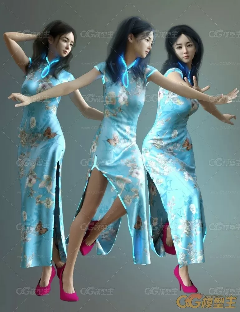 DAZ中国风美女角色3D模型 仙侠旗袍人物女孩体型服装头发 CG素材-8