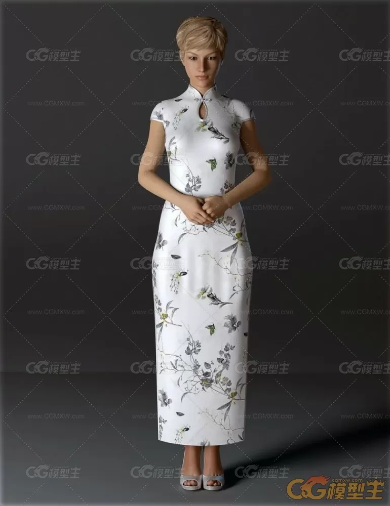 DAZ中国风美女角色3D模型 仙侠旗袍人物女孩体型服装头发 CG素材-9