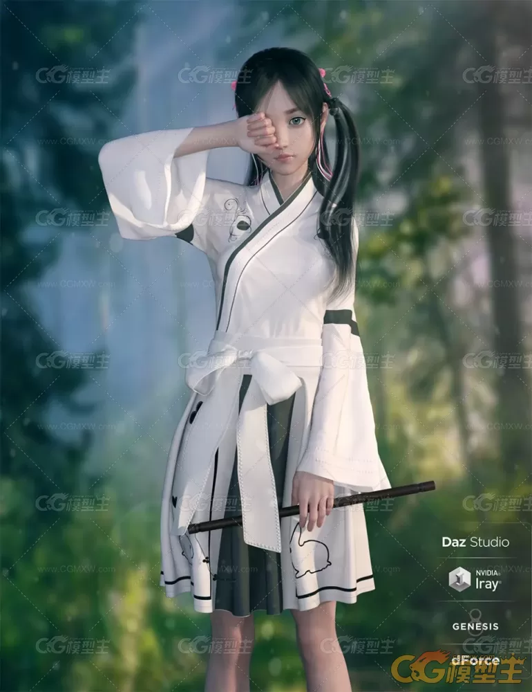 DAZ中国风美女角色3D模型 仙侠旗袍人物女孩体型服装头发 CG素材-10