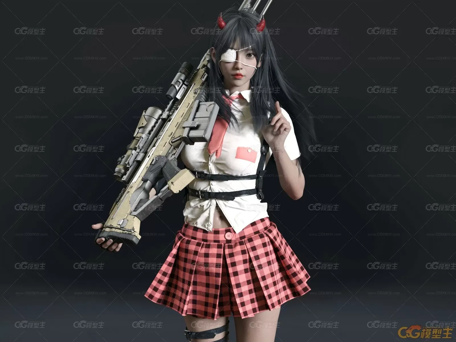 战术JK女生 女狙击手 女枪手 女杀手 女学生 学生装 3D游戏人物模型-1