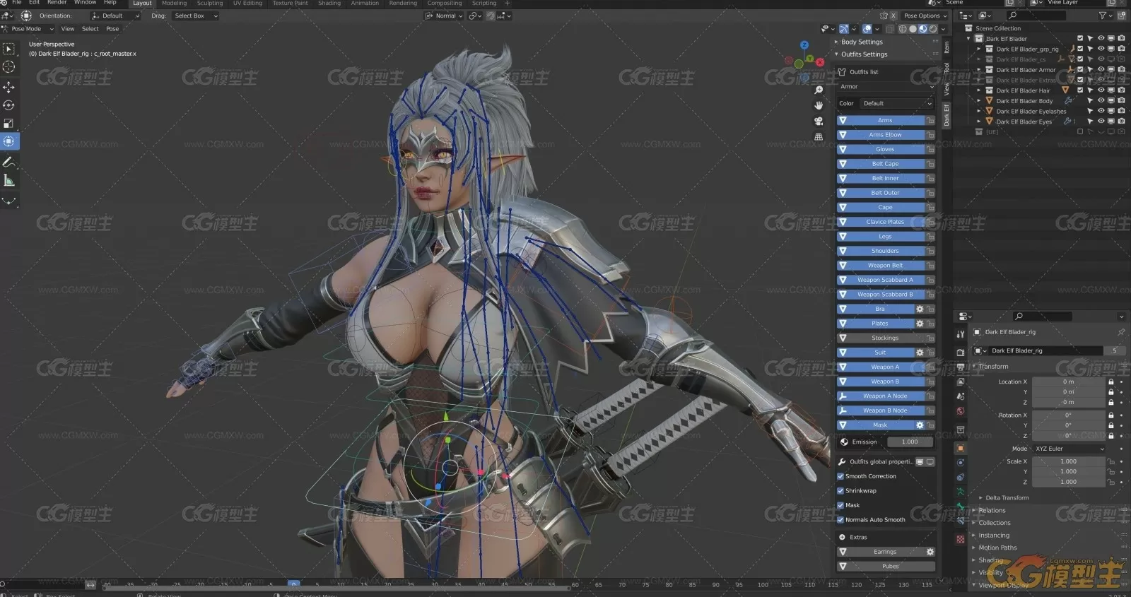 Dark Elf Blader 刀锋精灵战士 模型+骨骼 maya+max+blender-2