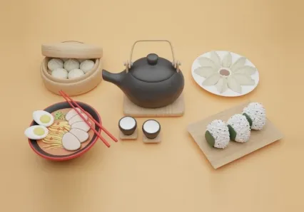 早餐，包子，饺子，茶，面条，鸡蛋，饭团3d模型
