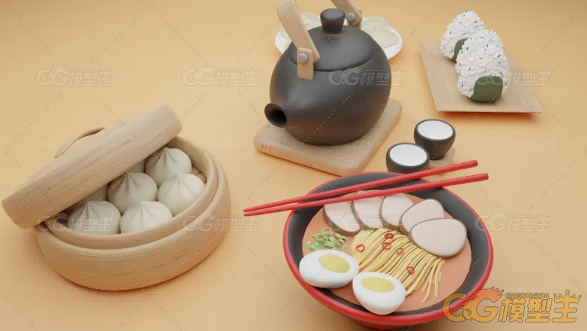 早餐，包子，饺子，茶，面条，鸡蛋，饭团3d模型-6