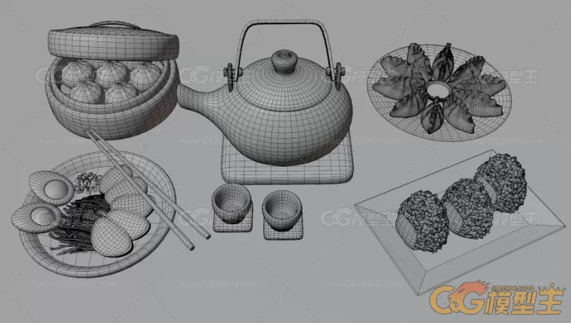 早餐，包子，饺子，茶，面条，鸡蛋，饭团3d模型-8