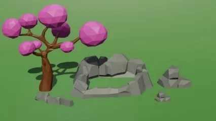 卡通poly多边形低模树，石头3d模型