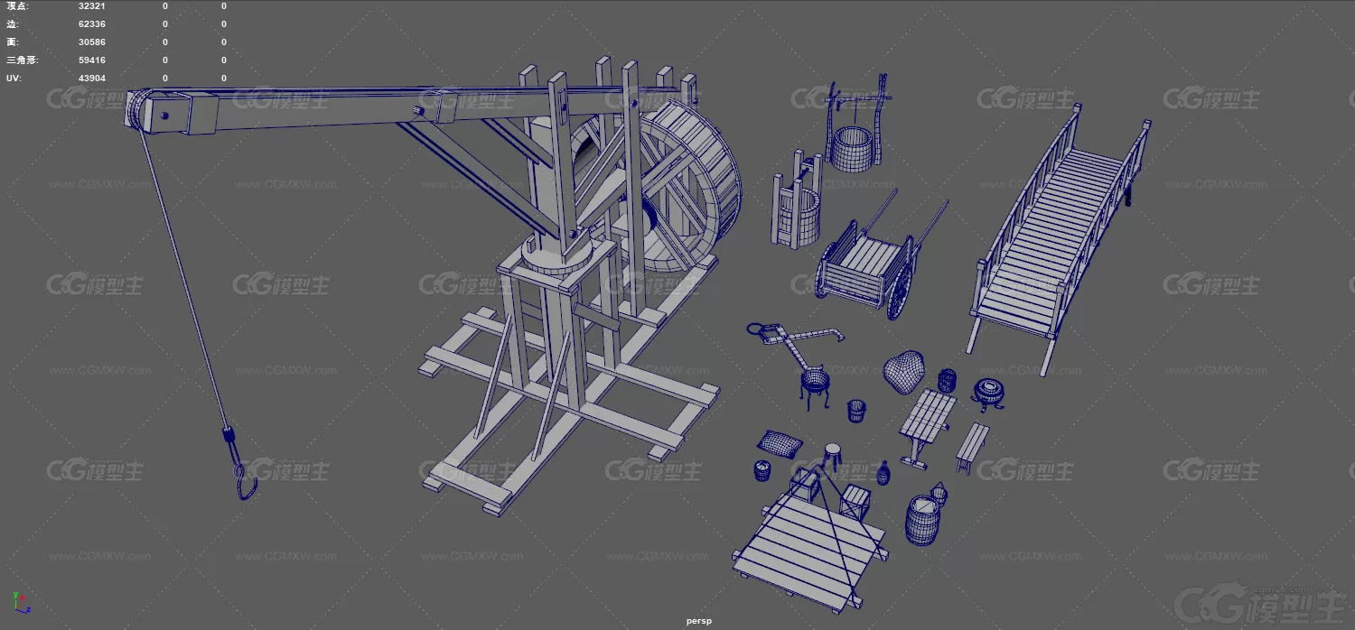中世纪道具 古代场景道具 吊装机 木头吊机 木制起重机 木桥 木桌 板凳 沙袋 木桶 ...-11