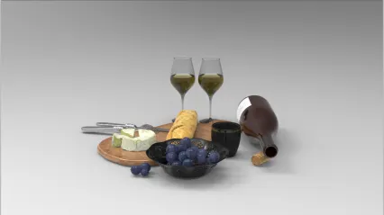 蓝莓 酒杯 酒瓶 长面包