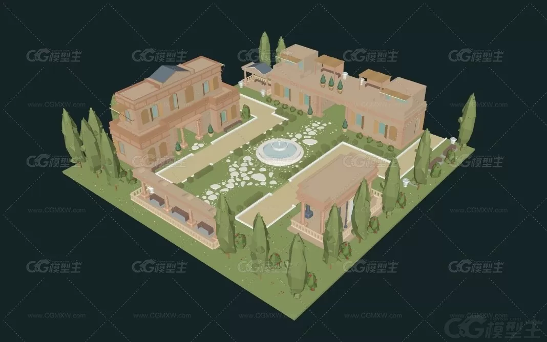 低多边形风格 欧式庄园住宅C4D建筑Blend中古豪宅3D模型-1