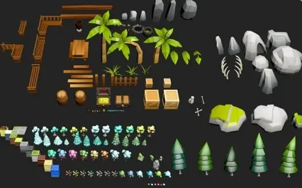 低面 海岛沙滩C4D椰树blen木桌椅max灌木箱植物桶围栏