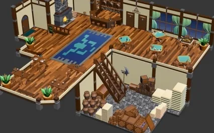 低面卡通古风酒馆酒楼C4D餐馆Blender壁炉吧台桌椅青石板风格化场景 手游场景lowpoly