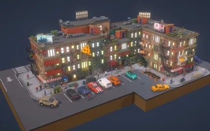 现代城市社区生活C4D住宅楼房Blender人物角色汽车风格化场景模型3D lowpoly模型