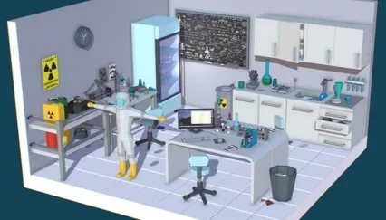低面卡通风格化模型化学实验室C4D黑板柜子Blender试管显微镜FBX台灯电脑lowpoly
