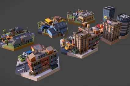 多面极简风 微缩社区建筑C4D卡通场景Blender住宅马路房屋手游风格化3D lowpoly模型