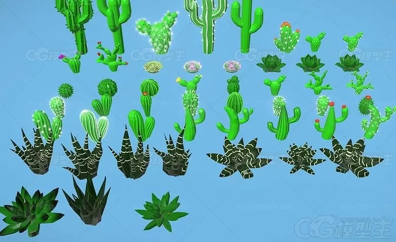 低面 仙人掌仙人球植物包C4D卡通芦荟Blender沙漠耐旱植物-1