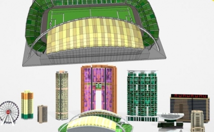 香港景点建筑Blender卡通C4D球场太平山mb摩天轮MAX凯旋门