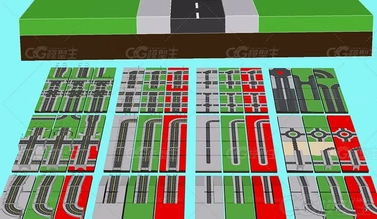 卡通道路模块C4D卡通Blend路灯路牌FBX隧道斑马线 风格化3D模型-1