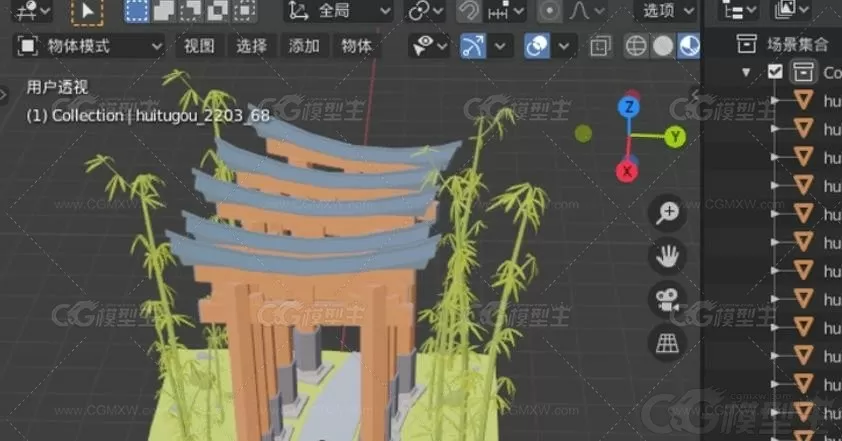 日本地标景点建筑C4D伏见稻荷大社Blend纪念碑竹子卡通风格化3D模型-2