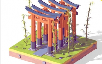 日本地标景点建筑C4D伏见稻荷大社Blend纪念碑竹子卡通风格化3D模型