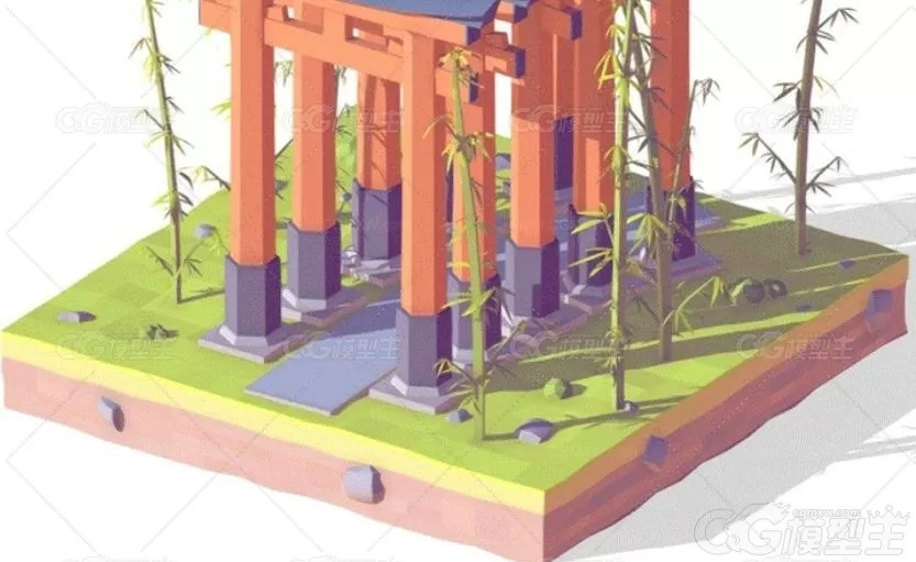 日本地标景点建筑C4D伏见稻荷大社Blend纪念碑竹子卡通风格化3D模型-3