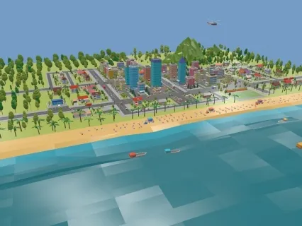 卡通低面海滨城市场景Blender山丘MAX树木建筑FBX住宅风格化3D模型