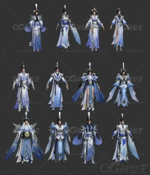 青山弟子集合 师兄妹 修仙弟子 古装弟子 青衣女侠3D游戏人物模型-1