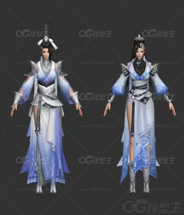 青山弟子集合 师兄妹 修仙弟子 古装弟子 青衣女侠3D游戏人物模型-3