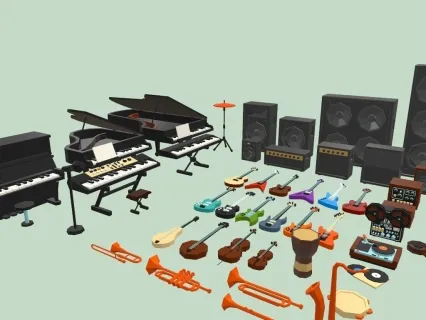 低面卡通3D乐器模型C4D音响音箱Blend吉他手提琴FBX鼓钢琴笛子风格化模型