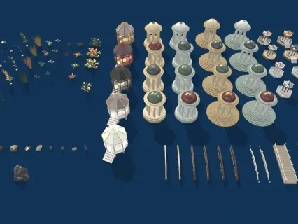 低面后花园资产Blend凉亭模型C4D木桥MAX卡通荷花睡莲岩石风格化3D模型