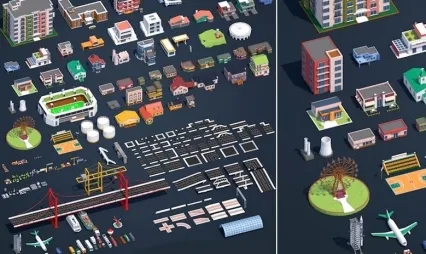 城市资产包Blender卡通建筑房屋路桥模型FBX摩天轮体育场风格化模型
