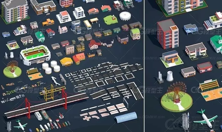 城市资产包Blender卡通建筑房屋路桥模型FBX摩天轮体育场风格化模型-1