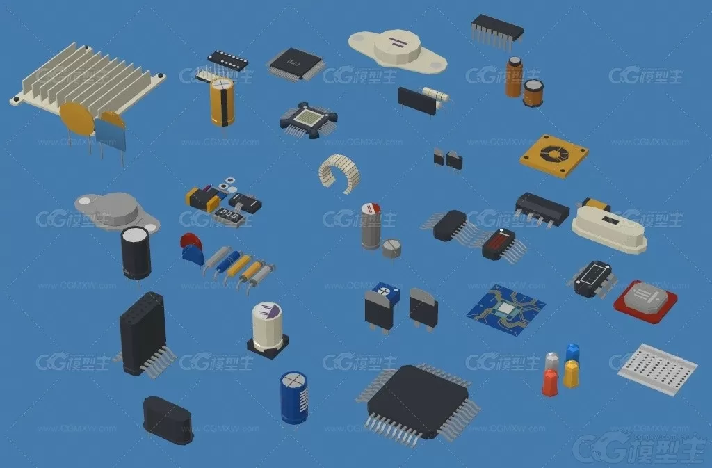 低面 电子元器件模型C4D芯片电容电阻FBX电路散热器风格化3D模型-2
