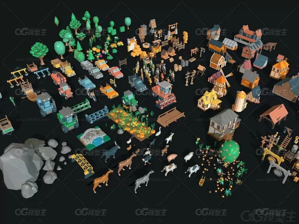 3D卡通农场MAX资产MAYA建筑房屋农民农作物果树收割机家禽lowpoly3D模型-1